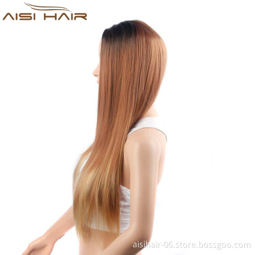 The Best Selling Long Straight Ombre Brown Wigs For Women With Dark Roots Heat Resistant Synthetic Wig